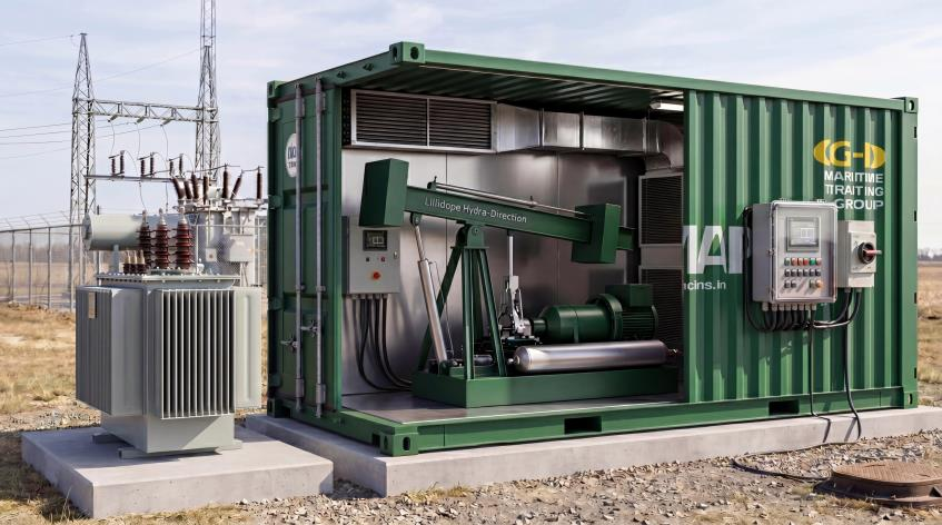 Green shipping container with industrial pump and transformer