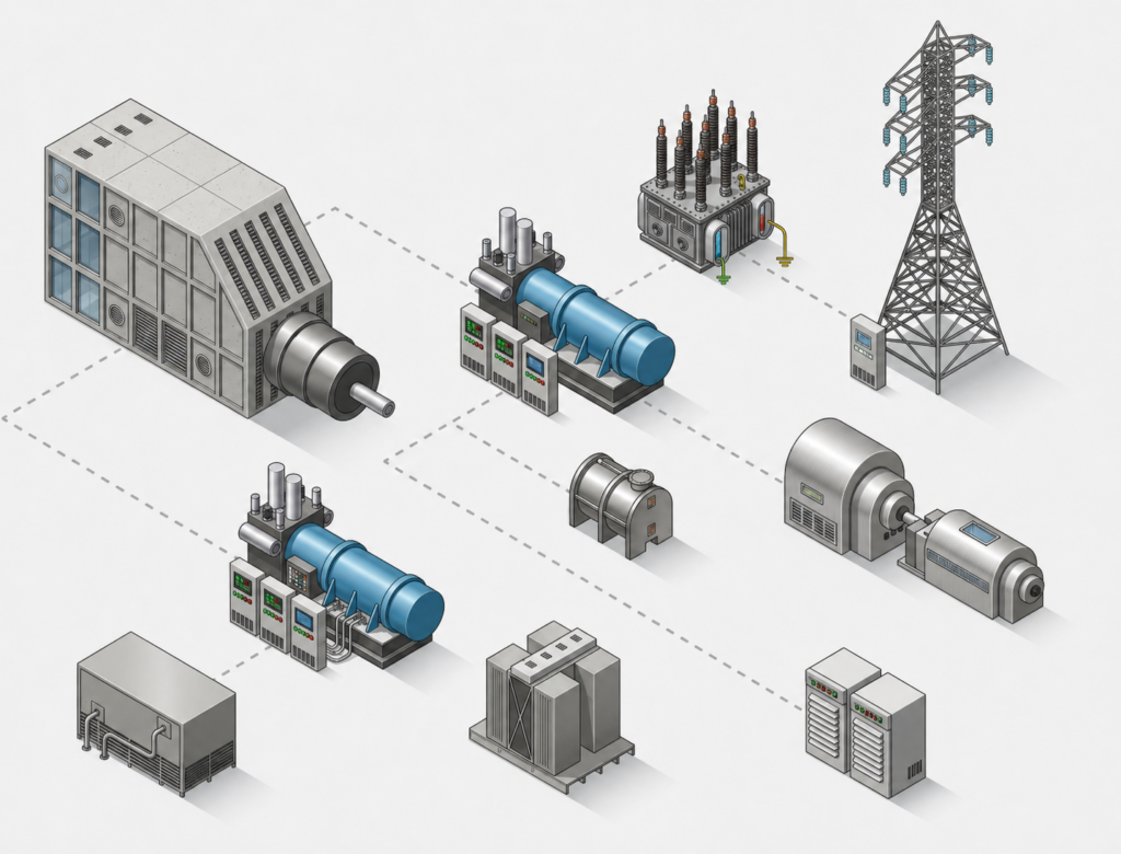 Isometric diagram of power plant and grid equipment