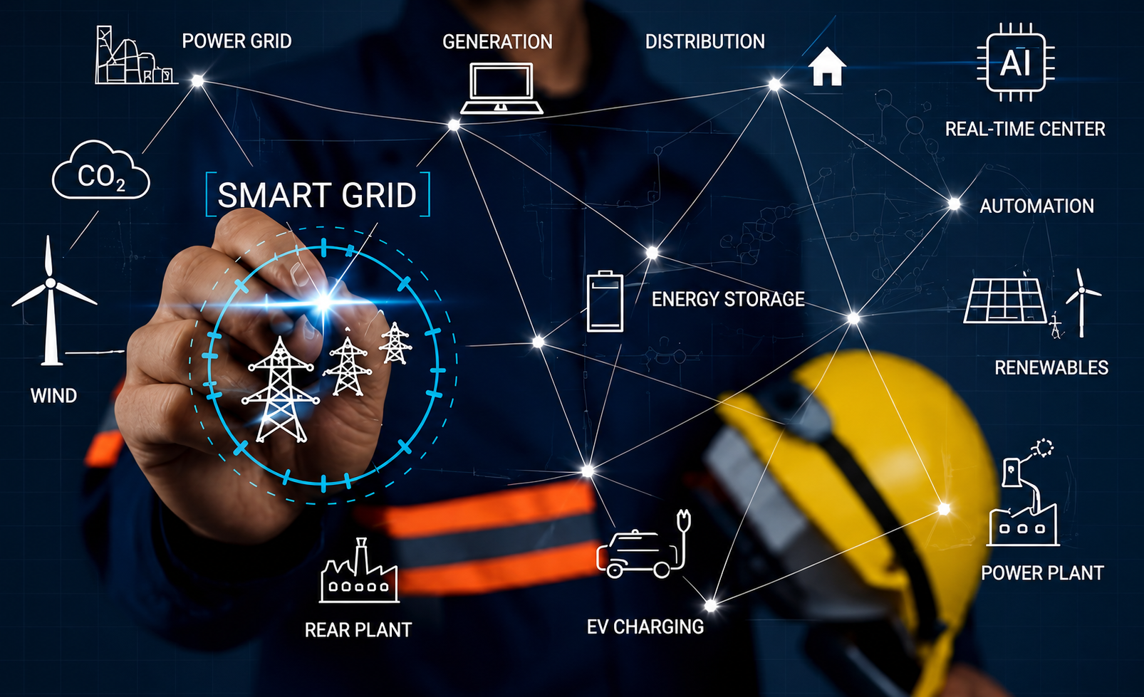 Hand interacting with smart grid interface